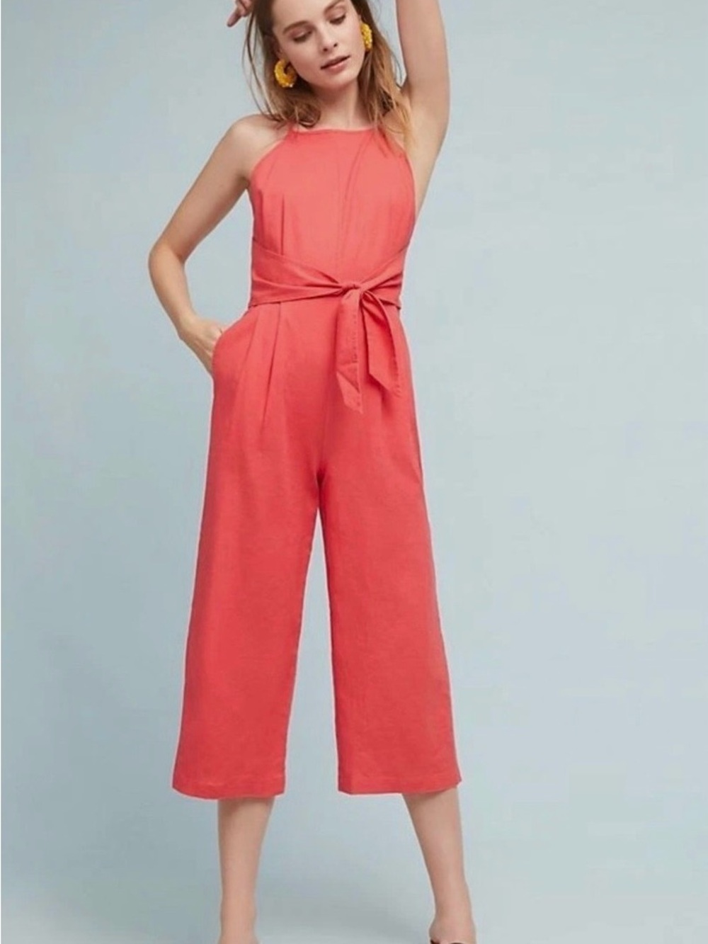 Anthropologie Coral Tie-Waist Cropped Halter Jumpsuit